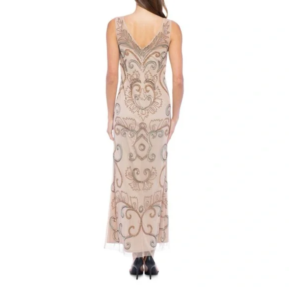 MARINA Beige and Gold Embellished Maxi Dress - Picture 2 of 3